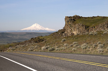 Image showing Two Lane Highway Reveals Mt Hood Cascade Range Landscape