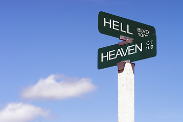 Image showing Heaven Hell Signs Crossraods Street Avenue Sign Blue Skies Cloud