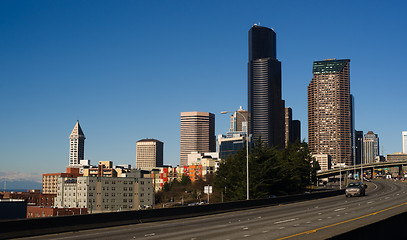 Image showing Interstate 5 Highway Cuts Through Downtown Seattle Skyline Moder