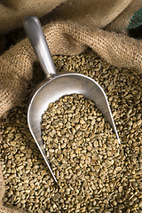 Image showing Raw Coffee Seeds Bulk Scoop Burlap Bag Agriculture Bean