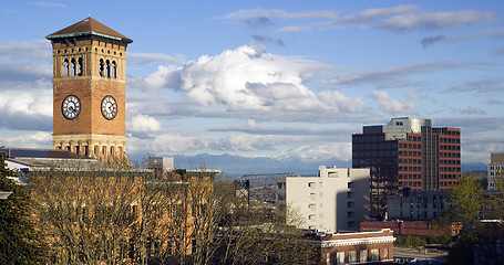 Image showing Tacoma Skyline Old City Hall Brick Building Architectural Clock 