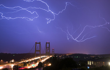 Image showing Electrical Storm Lightning Strikes Bolts Tacoma Narrows Bridge W