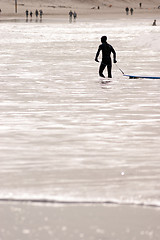 Image showing Surfer Wearing Wetsuit Pulls Surf Board After Surfing Session