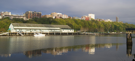 Image showing Thea Foss Waterway Waterfront Ridge of Buildings North Tacoma Wa