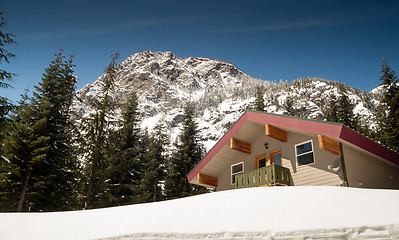 Image showing Beautiful Wood Shingle Chalet Base North Cascade Mountains Snowy