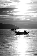 Image showing Fisherman Small Boats Sunrise Commencement Bay Puget Sound Water