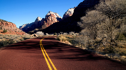 Image showing Road Sunrise High Mountain Buttes Zion National Park Desert Sout