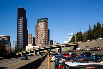 Image showing Interstate 5 Highway Cuts Downtown Seattle Skyline During Rush H