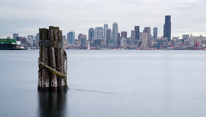 Image showing Waterfront Piers Dock Buildings Ferris Wheel Boats Seattle Ellio