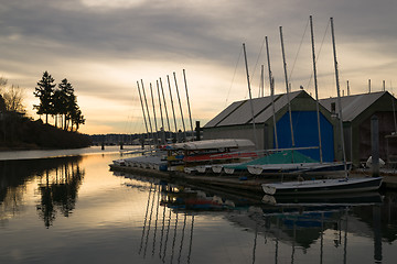 Image showing Overcast Sunrise Local Town Marina Puget Sound Nautical Scene