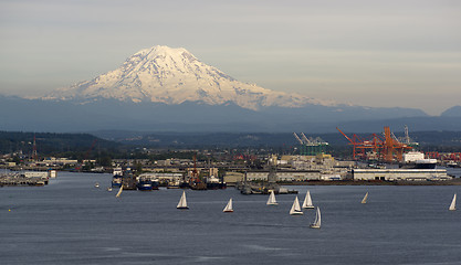 Image showing Sailboat Regatta Commencement Bay Puget Sound Mt Rainier Tacoma 