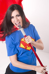 Image showing Super Mom Singing Kareoke with Broom Stick