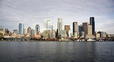 Image showing Seattle Downtown Piers Dock Waterfront Elliott Bay Ferry Approac