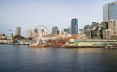 Image showing Waterfront Piers Dock Buildings Needle Ferris Wheel Seattle Elli