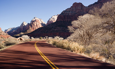 Image showing Road Sunrise High Mountain Buttes Zion National Park Desert Sout