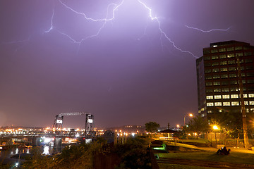 Image showing Electrical Storm Lightning Strikes Bolts Murray Morgan Bridge Wa