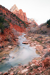 Image showing River Flows Sunrise Glow Rocky Butte Zion National Park