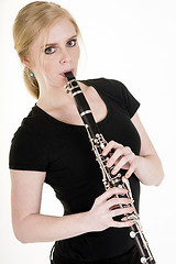 Image showing Pretty Blond Woman Playing Clarinet Musical Performance White Ba