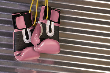 Image showing Pink Boxing Gloves Hanging on a Hook