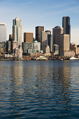 Image showing Waterfront Piers Dock Buildings Ferris Wheel Boats Seattle Ellio