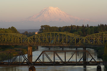 Image showing Railroad and Car Bridges over Puyallup River Mt. Rainier Washing