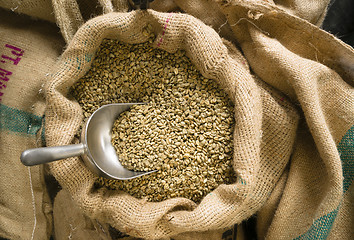 Image showing Raw Coffee Seeds Bulk Scoop Burlap Bag Agriculture Bean