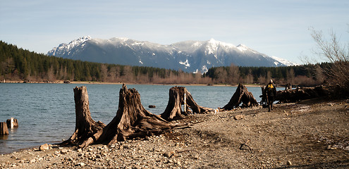 Image showing Man Dog Hiking Shore Rattlesnake Lake Mount Si Mountain