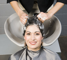 Image showing Attractive Woman Gets Spa Salon Shampoo and Conditioning