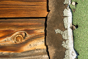 Image showing Knotty Pine Board Weathered Wood Asphalt Shingle Roofing Siding 