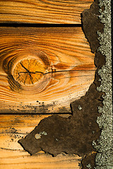 Image showing Knotty Pine Board Weathered Wood Asphalt Shingle Roofing Siding 