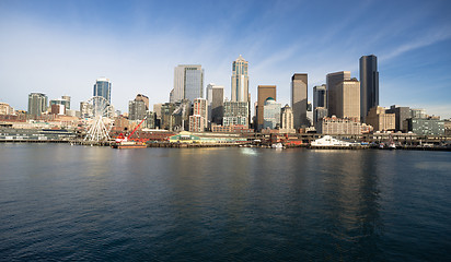 Image showing Waterfront Piers Dock Buildings Ferris Wheel Boats Seattle Ellio