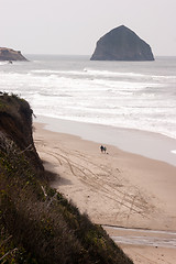 Image showing Couple Walks Blustery Day Bluffs Seaside Oregon Coast Pacific Oc