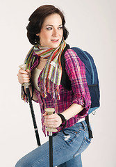 Image showing Female Hiker Wearing Scarf and Backpack 