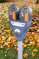 Image showing Dual Parking Meter Needs Payment Coin Slot Autumn Downtown