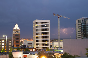 Image showing Lightning Strike Thunderstorm Over Buildings Downtown Tacoma Was