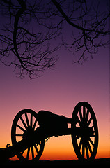 Image showing War Memorial Wheeled Cannon Military Civil War Weapon Dusk Sunse