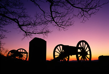 Image showing War Memorial Wheeled Cannon Military Civil War Weapon Dusk Sunse