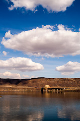 Image showing Vertical Banner Columbia River Crossing Mountains Blue Sky Cloud