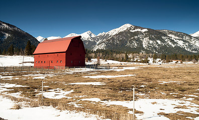 Image showing Red Barn Endures Mountain Winter Wallowa Whitman National Forest