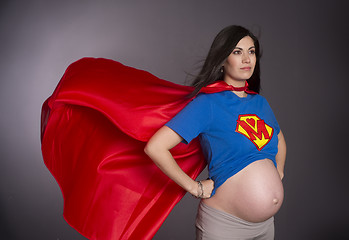 Image showing Pregnant Woman Mother Character Super Hero Red Cape Chest Crest