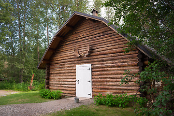 Image showing Rustic Log Out Building Moose Antler Rack Alaska Outback