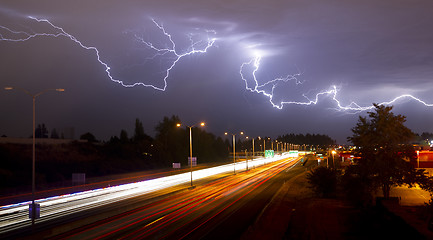 Image showing Rare Thunderstorm Producing Lightning Over Tacoma Washington I-5