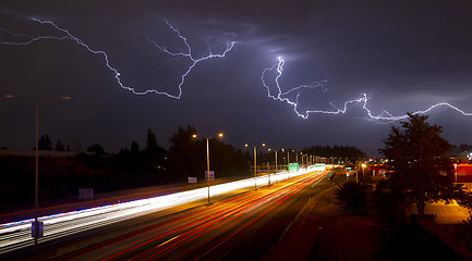 Image showing Rare Thunderstorm Producing Lightning Over Tacoma Washington I-5