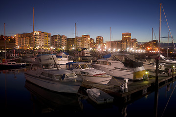 Image showing Night Falls on Moored Boats Marina Thea Foss Waterway Tacoma