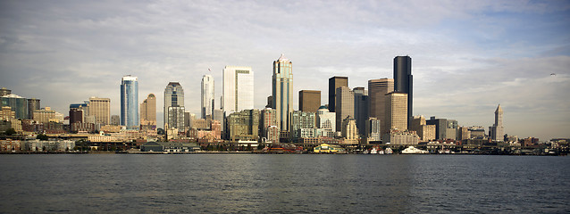 Image showing Seattle Downtown Piers Dock Waterfront Elliott Bay Ferry Approac