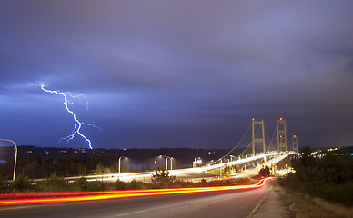 Image showing Lightning Strike Thunderstorm Over Narrows Bridge Tacoma Washing