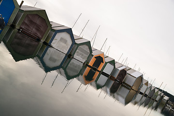 Image showing Boat Houses Tight Row Cove Marina Settlement Puget Sound Bay 