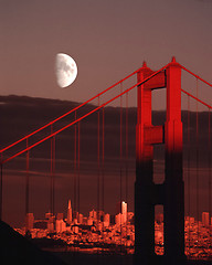 Image showing Moon Over Golden Gate Bridge San Francisco City Skyline Sunset