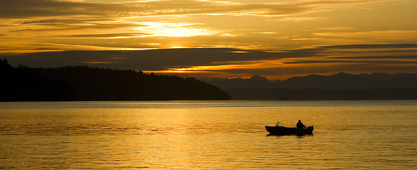 Image showing Lone Fisherman Small Boat Sunrise Commencement Bay Puget Sound W