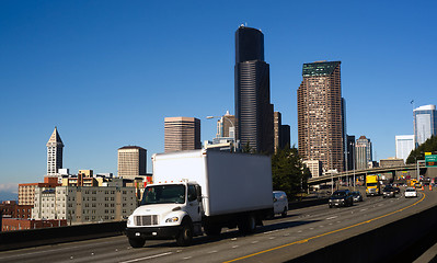 Image showing Interstate 5 Highway Cuts Through Downtown Seattle Skyline Moder